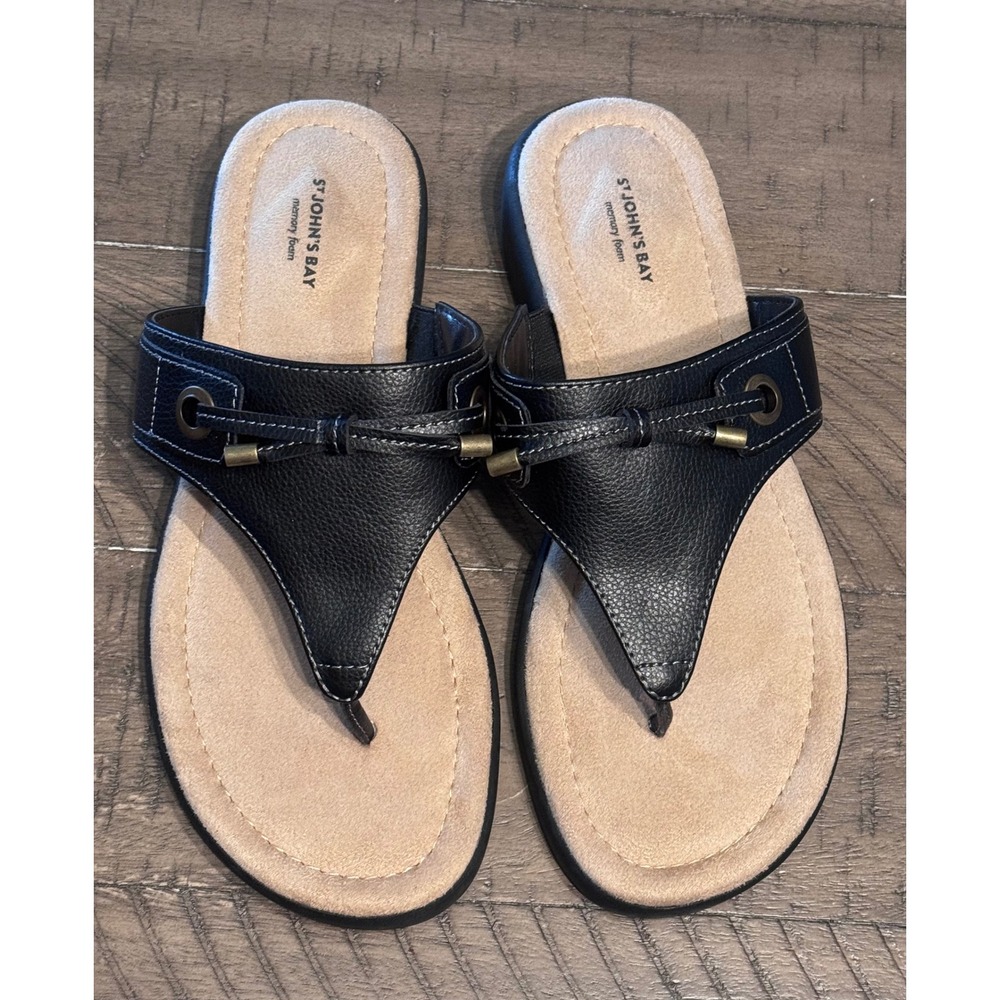 St Johns Bay Arden Black Memory Foam Thong Wedge Sandals Womens 7.5W 106-0112